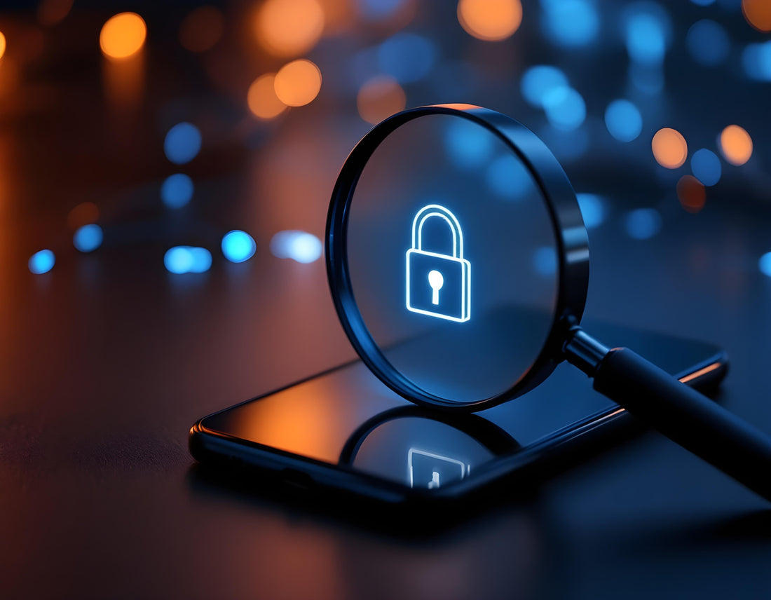 Close-up of a smartphone with a magnifying glass highlighting a glowing padlock icon, symbolizing IMEI verification and device security on a dark-themed background.
