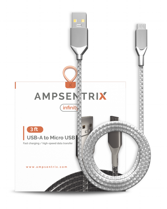 3 ft Micro USB To USB Type A Cable (AmpSentrix) (Infinity) (Silver)